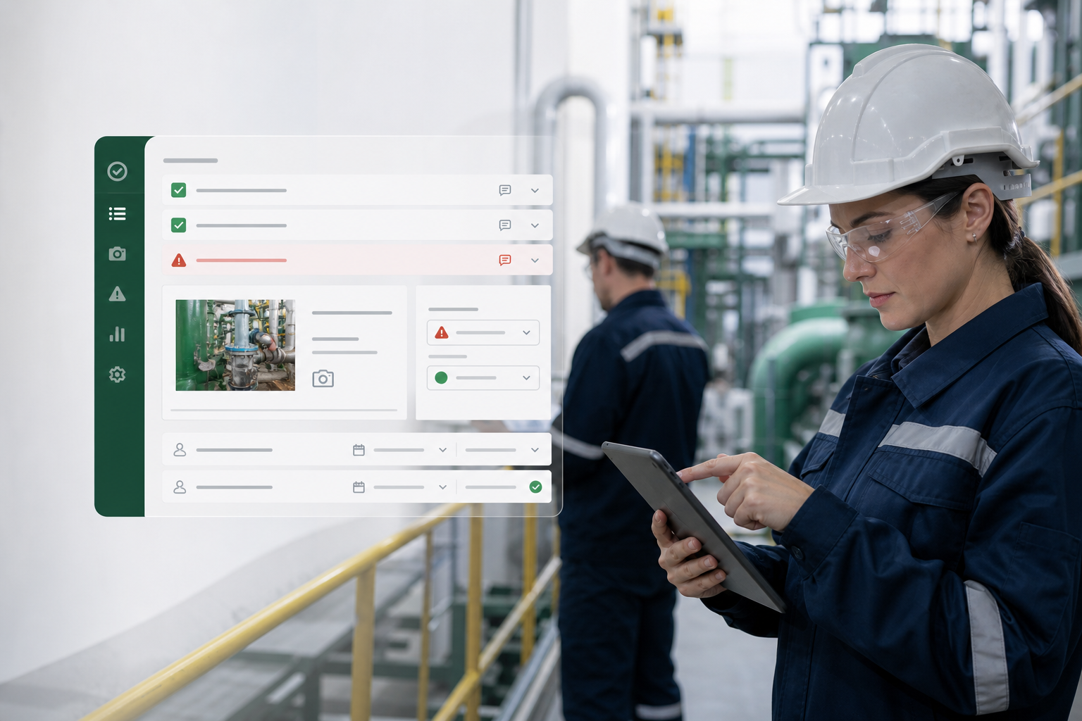 Profissional usando tablet em ambiente industrial com interface de checklist digital SmartChecks