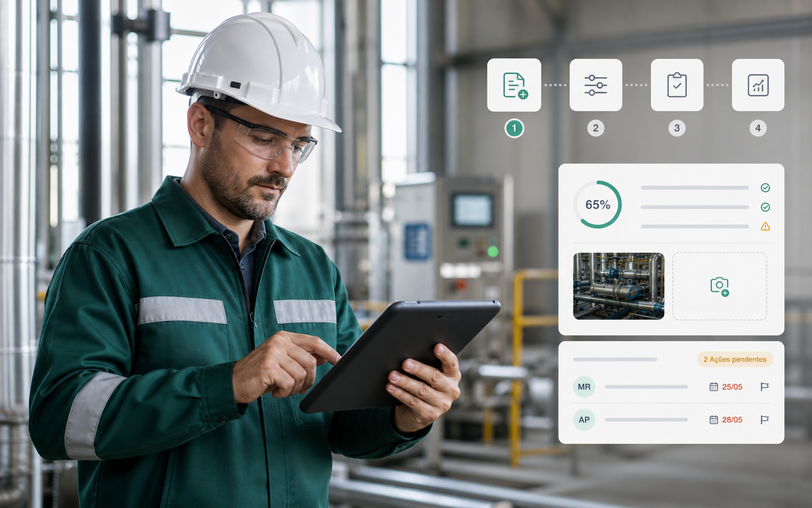 Profissional executando checklist em tablet com etapas do processo SmartChecks