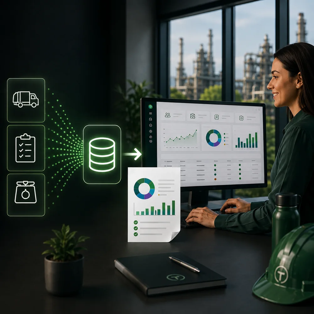 Fluxo visual de dados operacionais que chegam à plataforma de gestão Tree