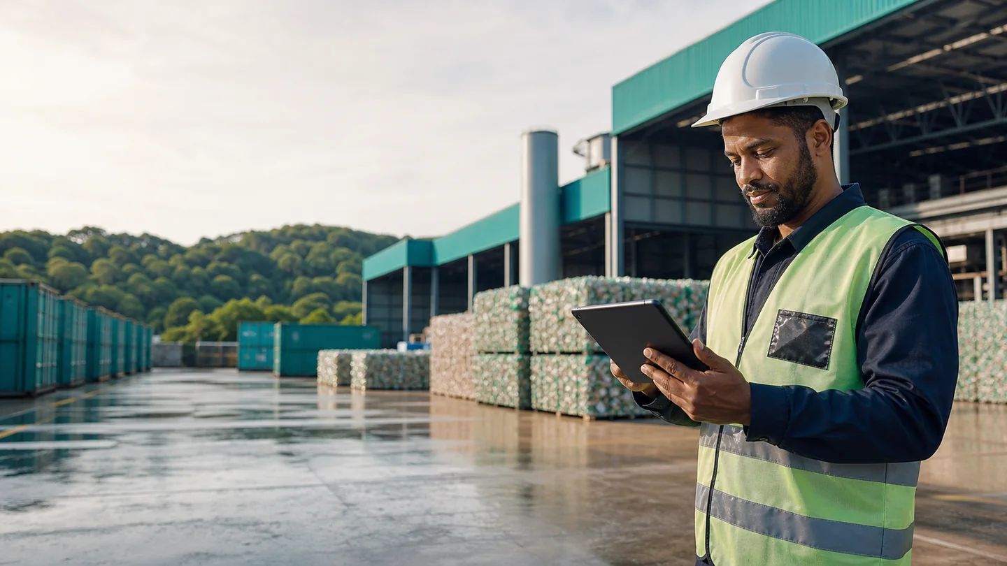 Profissional registra informações da operação industrial em um tablet