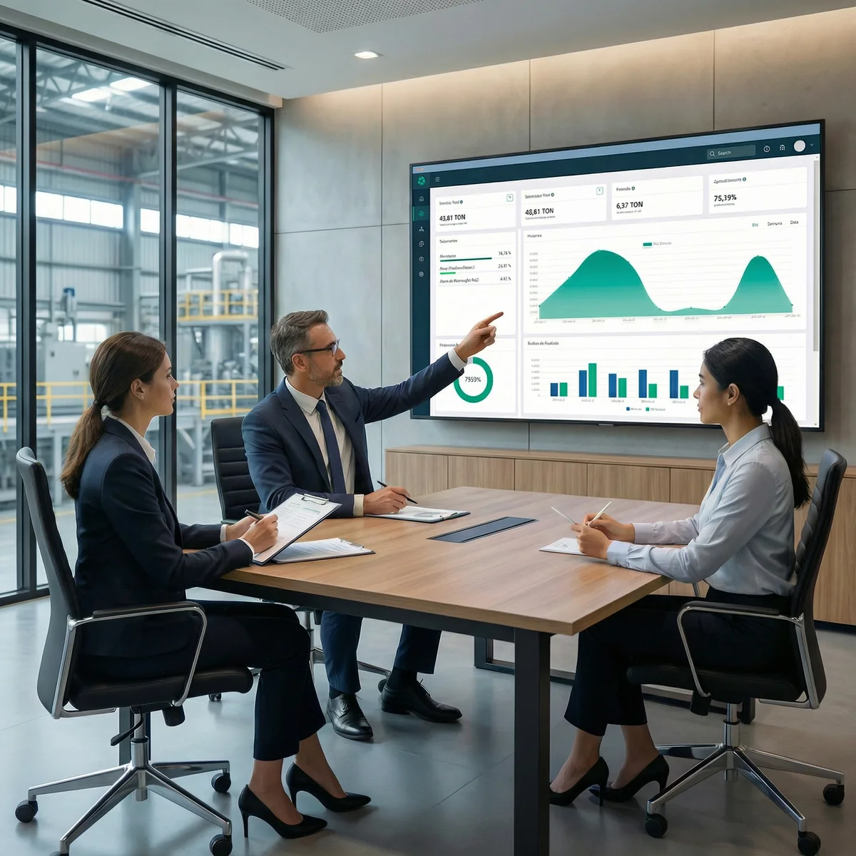 Equipe analisando indicadores ambientais em uma tela de gestão